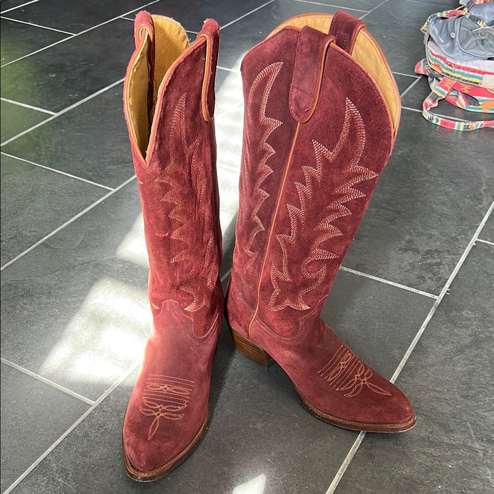 Vintage Red Suede Cowboy Boots
